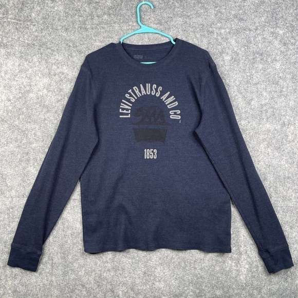 Levi's Shirt Adult Waffle Knit Crew Neck Thermal Spellout Logo Blue No Size - Picture 1 of 7